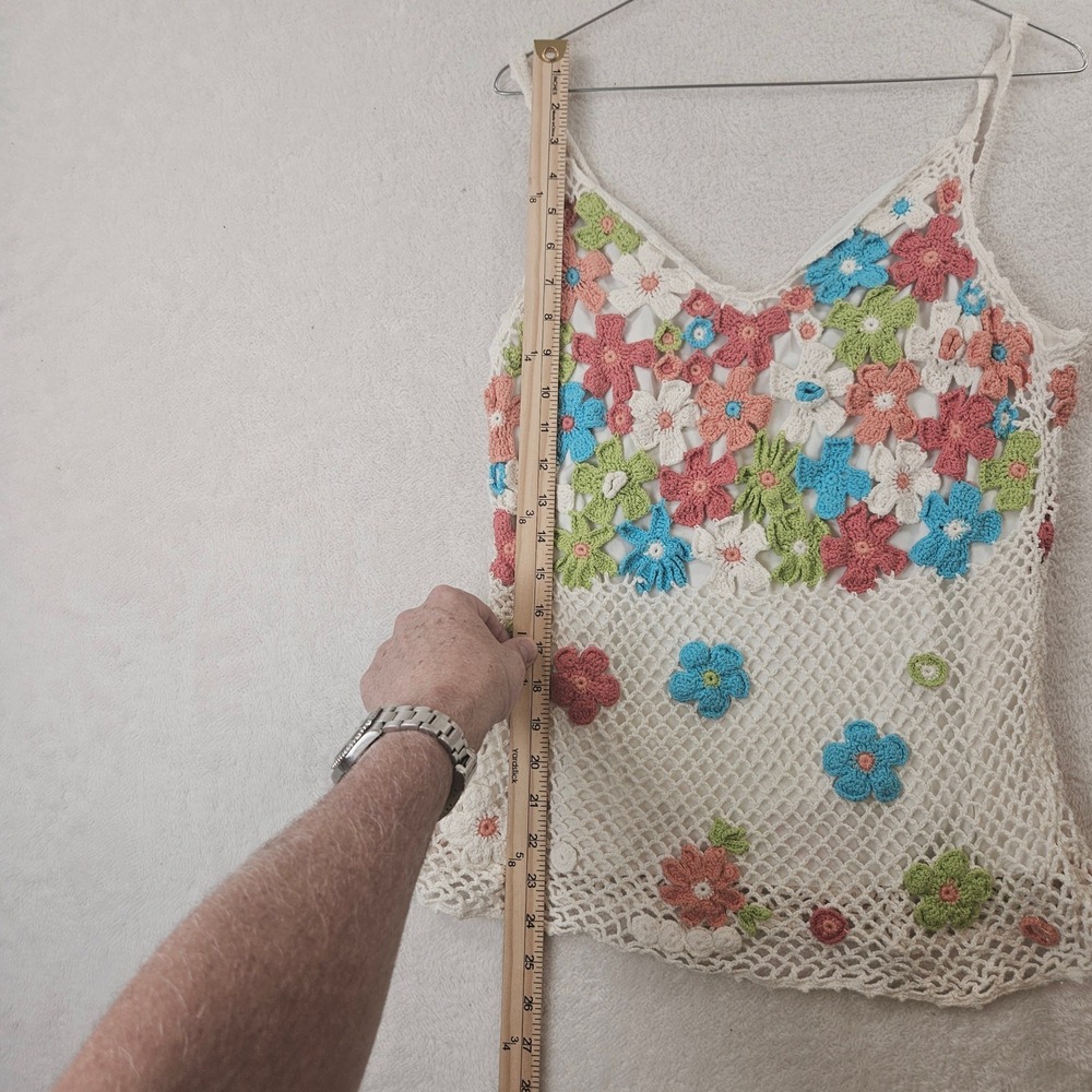 Maurice Sasson Crochet Floral Camisole Top L Cream Pink Blue Ramie Cotton Blend - Picture 6 of 7